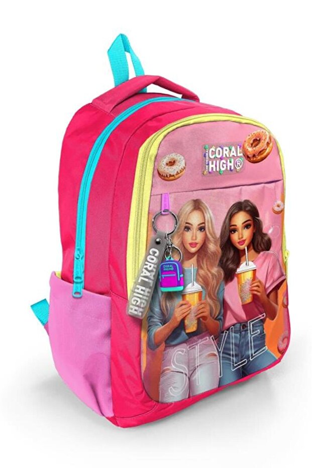 Kids Pink Neon Coral Fashion Girl Patterned Three Compartment School Backpack 23669