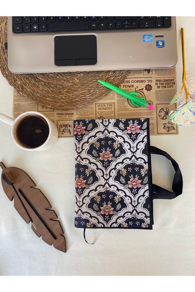 Black Ethnic Floral Wall Water Repellent Feature Pen Pocket & Pocket - 24X17 cm Book Bag