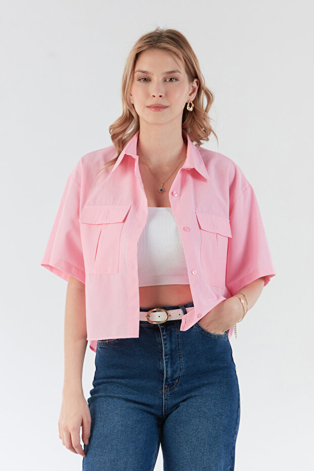 Basic Çift Cepli Arkası Uzun Crop Gömlek - 1