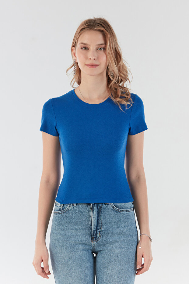 Basic Bisiklet Yaka Crop Tişört - 6