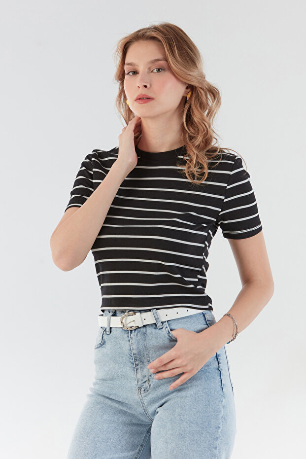 Basic Çizgili Crop Tişört - 1