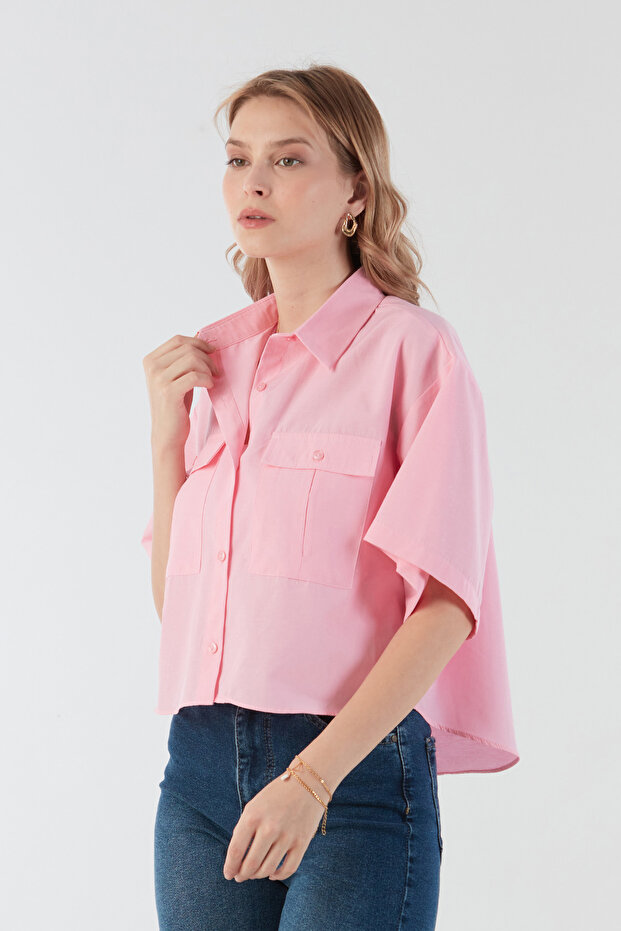 Basic Çift Cepli Arkası Uzun Crop Gömlek - 4