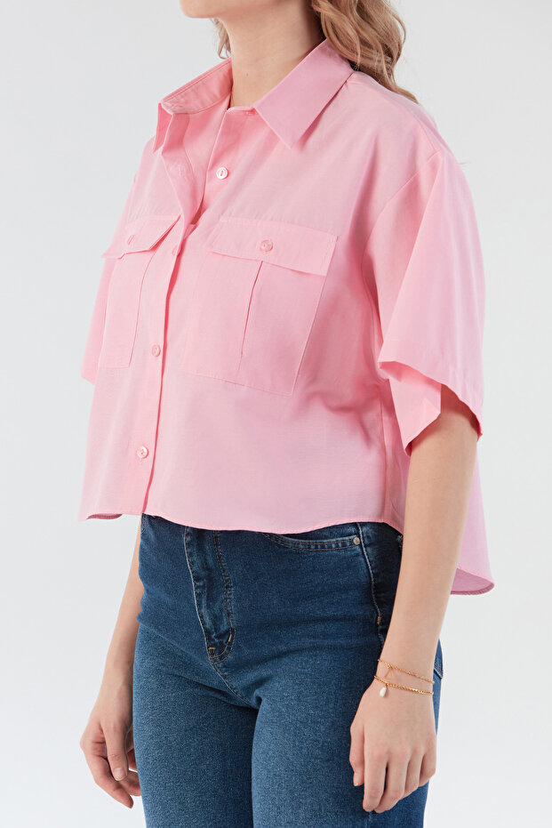 Basic Çift Cepli Arkası Uzun Crop Gömlek - 5