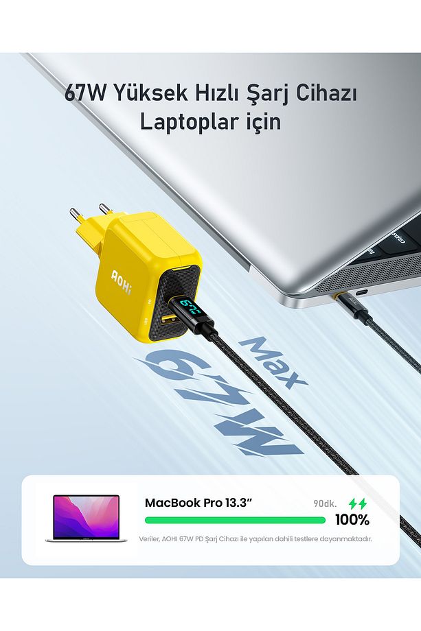 Magcube 67W 2 Portlu Şarj Adaptörü, 140W LED Ekranlı Naylon Örgülü Süper Hızlı Şarj Seti - 5