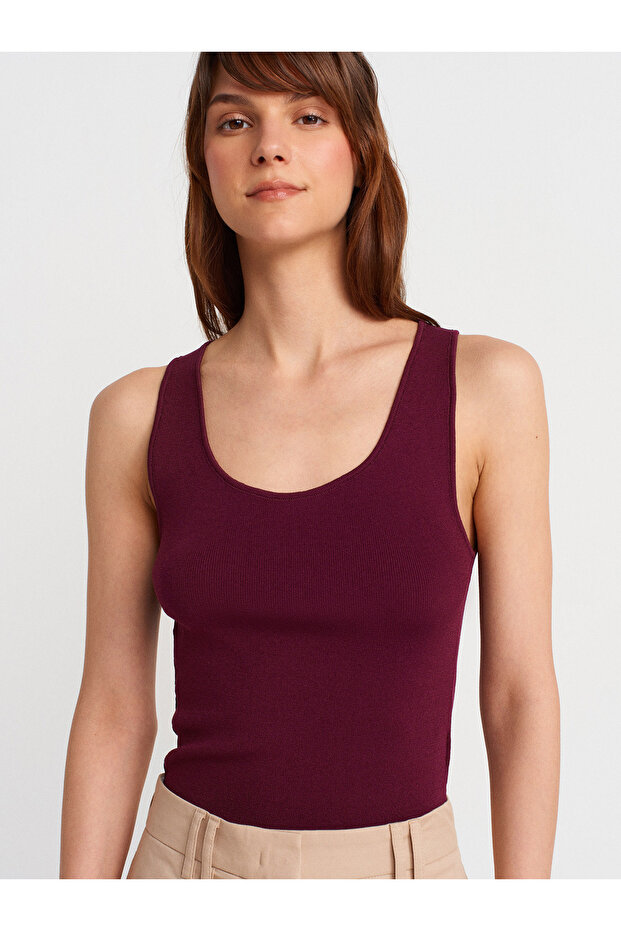 10746 Kalın Askılı Basic Triko Bluz-Bordo - 1