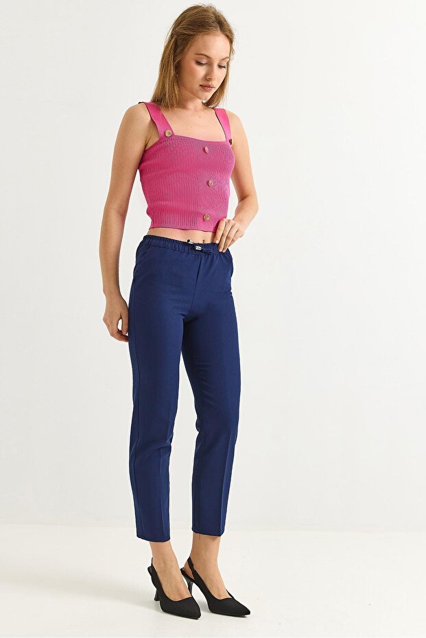 Elastic Waist Short Leg Double Crepe Trousers Navy Blue