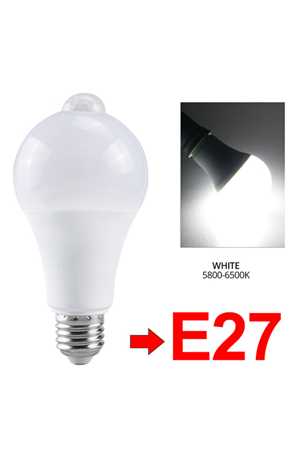 مصباح LED E27 أبيض بارد بقوة 12 وات مزود بمستشعر حركة يعمل بجهد 85-265 فولت مع مستشعر PIR، تشغيل/إيقاف تلقائي