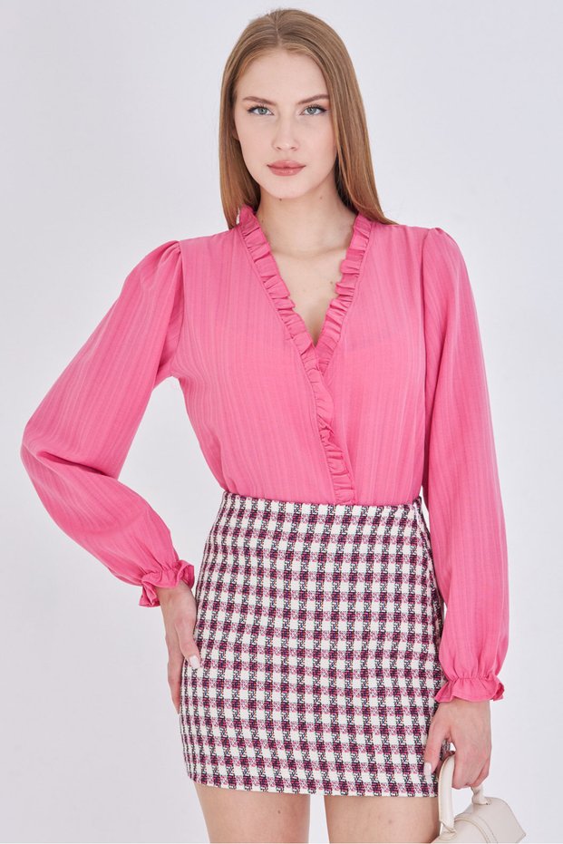 Women's Pink Collar and Front Ruffle Detail Long Sleeve Blouse with Elastic Sleeves Arm-25K001030