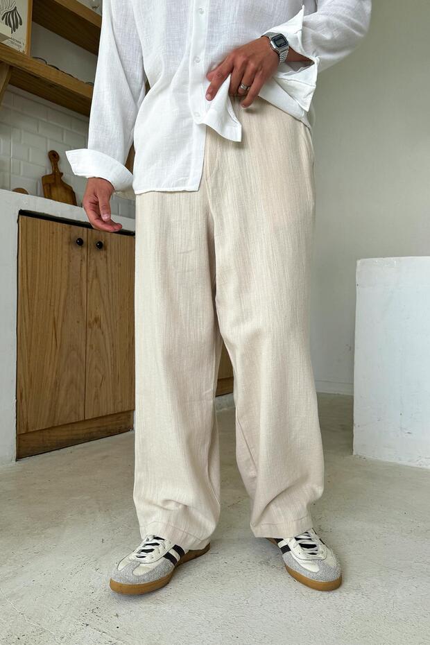Cream Waist Elastic Linen Baggy Trousers Beige