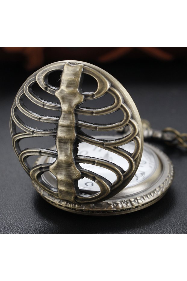 bronze Interesting Hollow Ribbed Shape Quartz Pocket Watch Vintage Bronze Bracelet Necklace for Hall