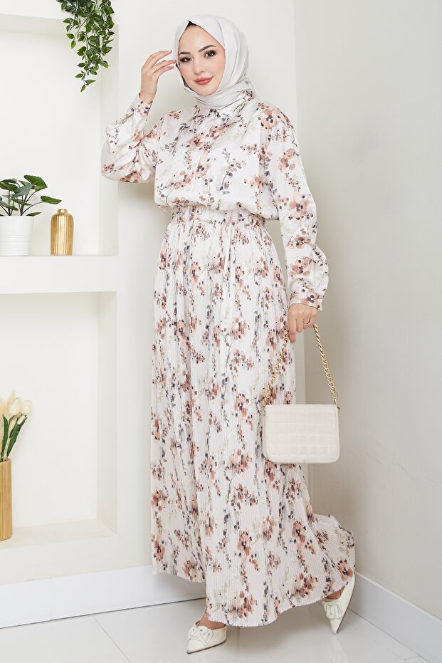 Satin Mist Pleated Brown Skirt Suit