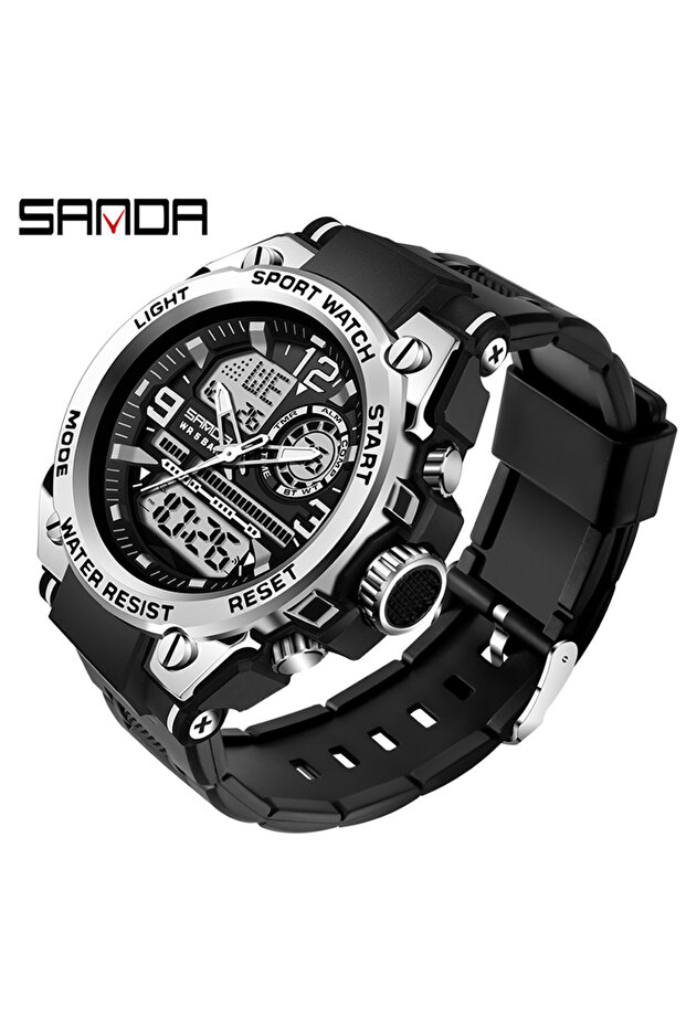 6024 Silver SANDA Men Sports Quartz Watches Dual Display LED Electronic Digital Wristwatches Waterpr