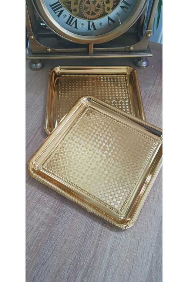Dövme Dama Desenli Tek Kişilik Kahve Sunumluk Metal Damat Söz Tepsisi (6 ADET) GOLD - 1