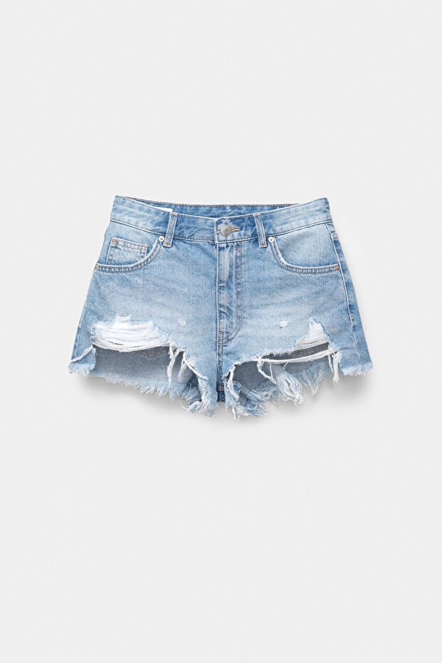 Yırtık detaylı denim şort - 7