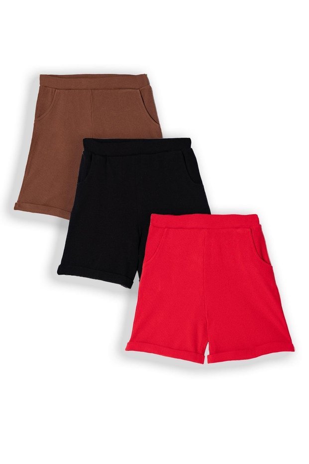 Ribbed Black Red Brown Color Set of 3 Girls Shorts