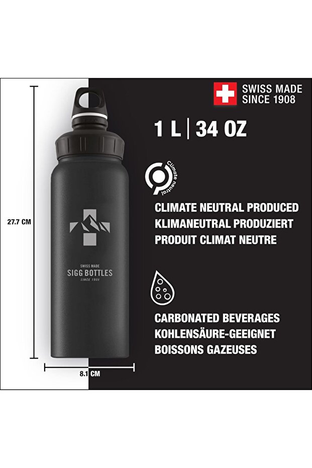 Aluminum Sports Water Bottle - WMB Mountain Black - 1L