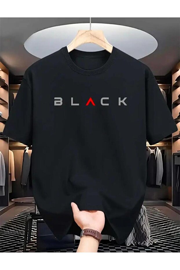 Black Text Detailed Basic T-Shirt - 1