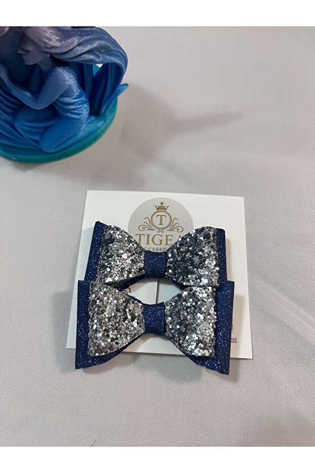 Handmade Sparkling Faux Leather Glitter Bow Hair Clip Double