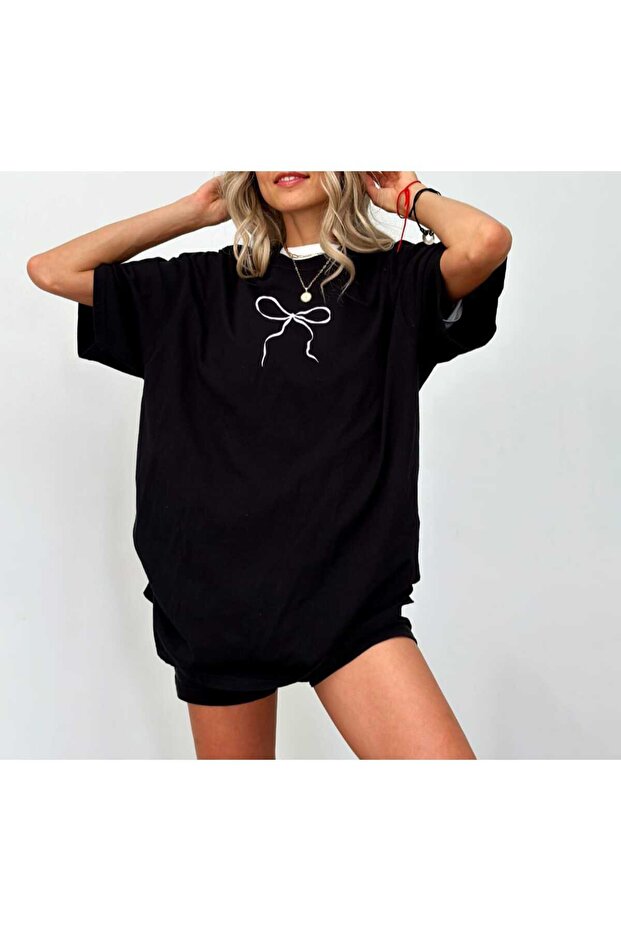 Women's Bow Printed Black Oversize T-Shirt Casual Boyfirend