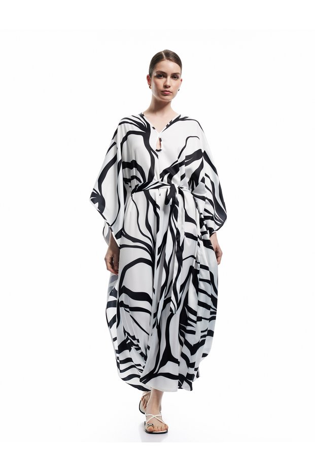 Sash Detail Flowy Half Bat Sleeve V Neck Long Satin Floral Dress
