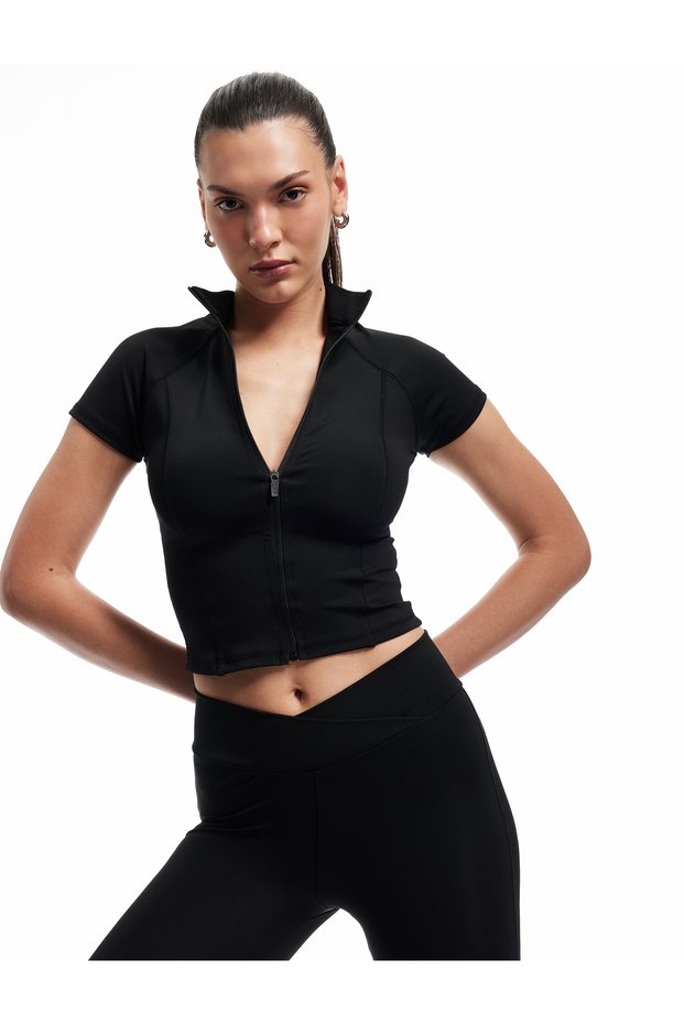 Stand Collar Zipper Short Sleeve Sports T-Shirt