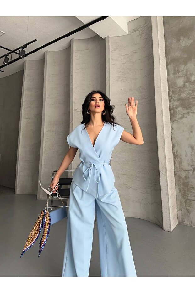 Women's Belted Vest Palazzo Pants Suit