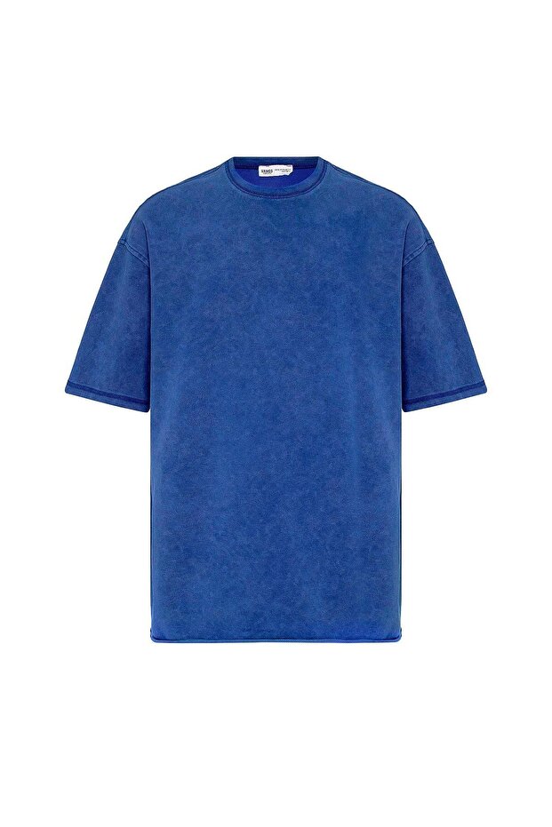 Yıkamalı Basic Oversize Tişört Saks - 2