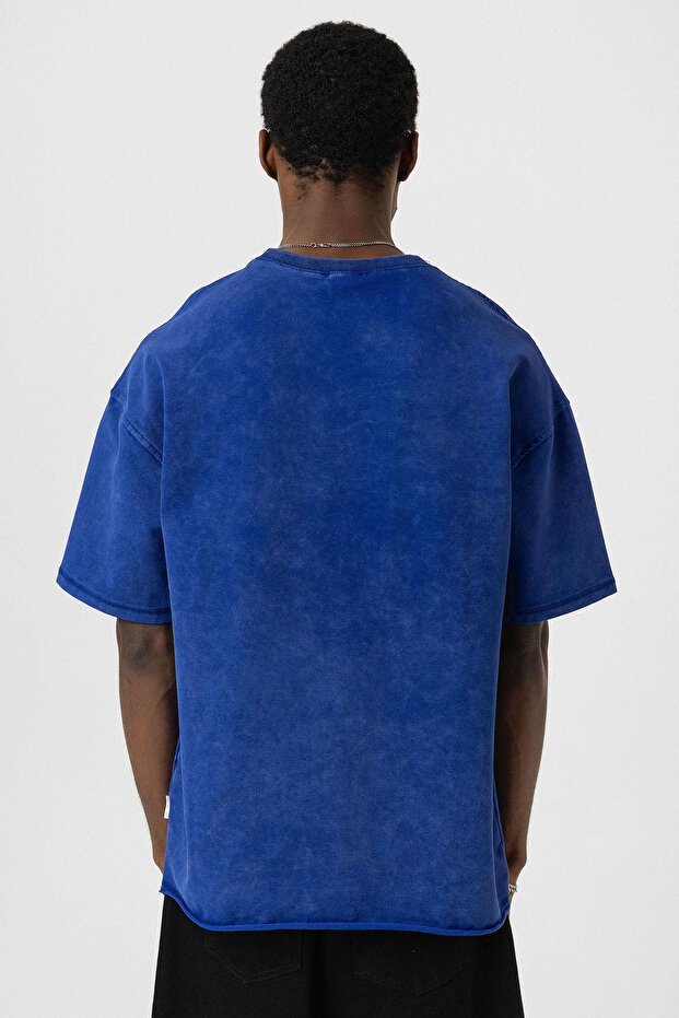 Yıkamalı Basic Oversize Tişört Saks - 5