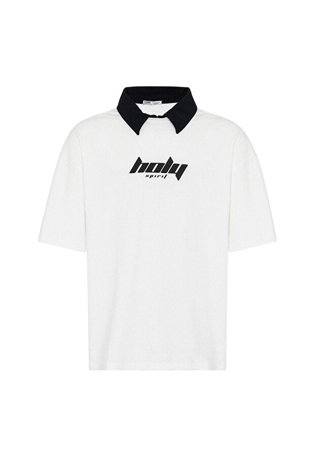 Polo Neck Oversize Printed T-Shirt Ecru