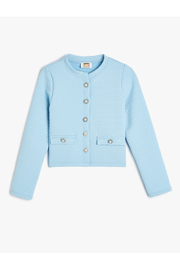 Button Detailed Textured Crew Neck Long Sleeve Jacket
