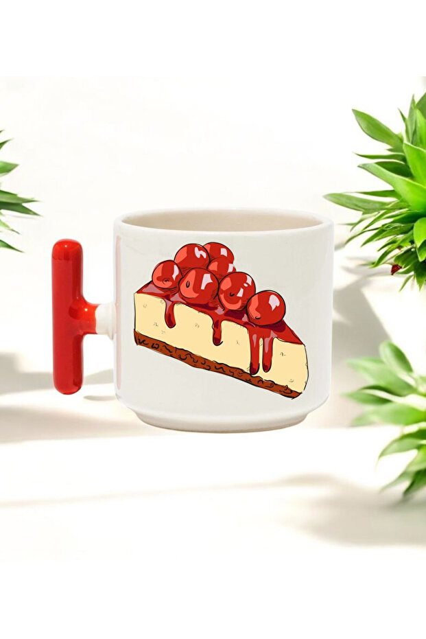 كوب شاي مطبوع من السيراميك بتصميم تشيز كيك مع مقبض على شكل حرف T باللون الأحمر سعة 250 مل