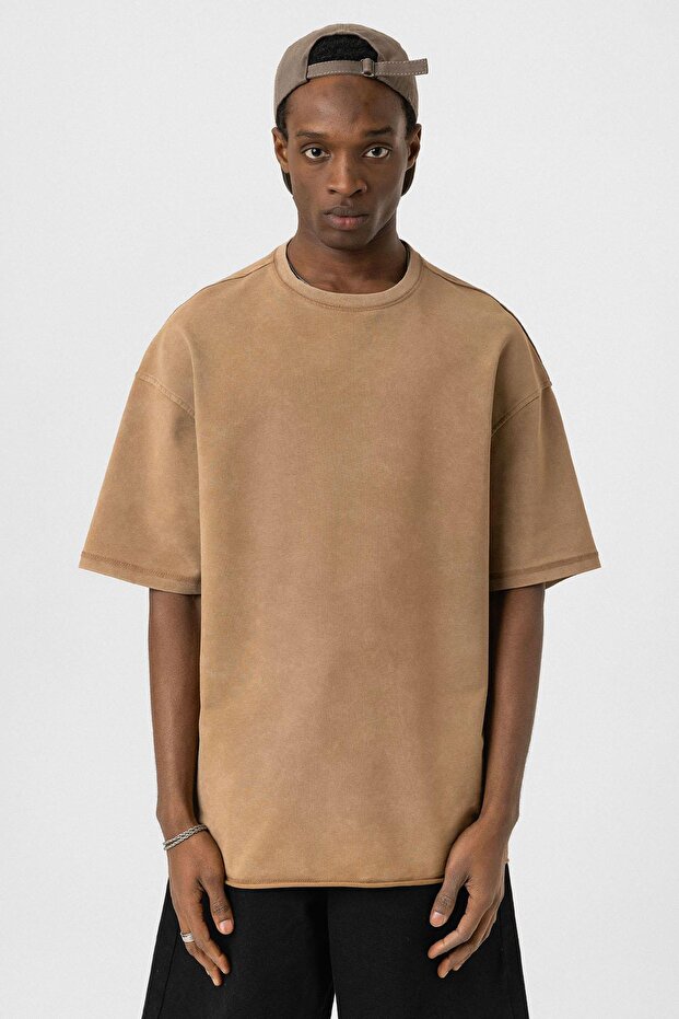 Yıkamalı Basic Oversize Tişört Camel - 3