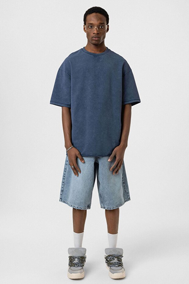 Yıkamalı Basic Oversize Tişört İndigo - 1
