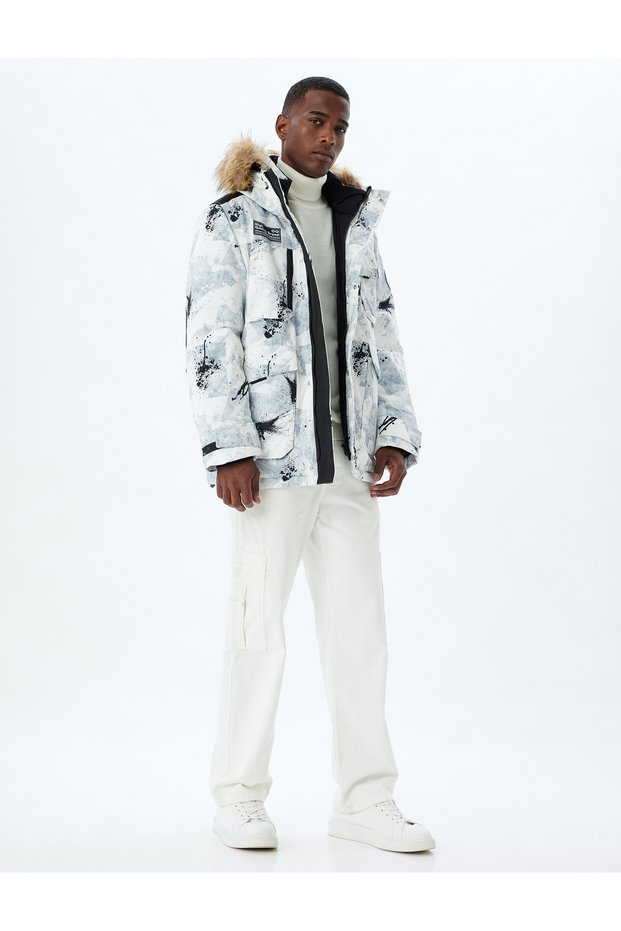 Water Repellent Faux Fur Hooded Ski Jacket with Zipper Label Detail Pocket