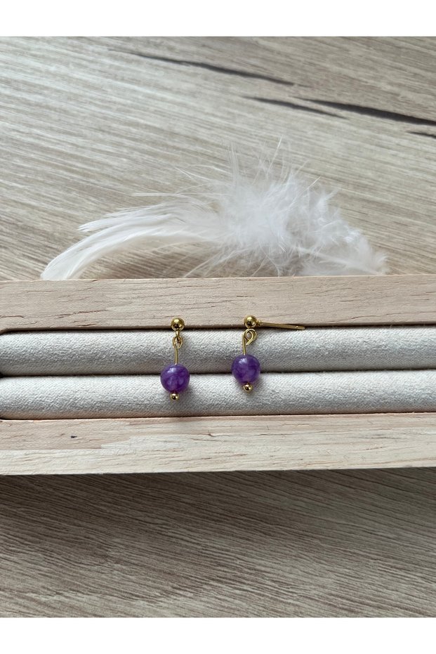 Amethyst Stone Gold Color Steel Ball Earrings Handmade