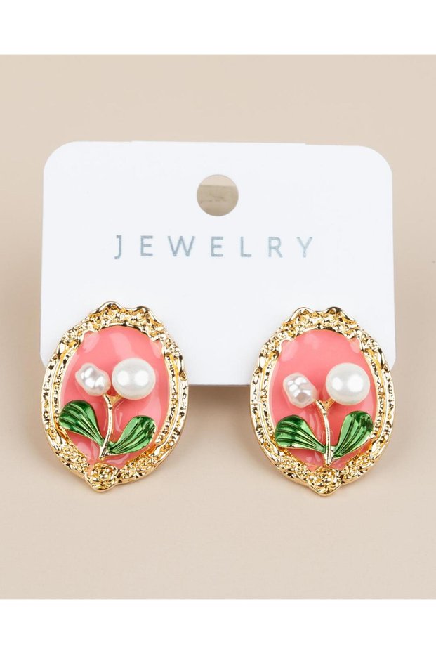 Rosabella Pink Enamel Flower Motif Pearl Art Earrings