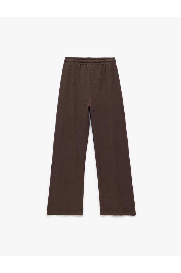 Pamuklu Bürümcük Rahat Kalıp Yüksek Bel Bağcıklı Geniş Paça Pantolon - 4