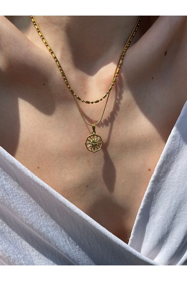 Sunyface Minimal Güneş Gold Çelik Kolye - 3