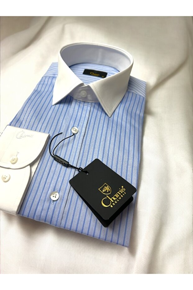 Tessitura Monti Italian Blue Striped Shirt– Slimfit Contrast White Collar & Cuff