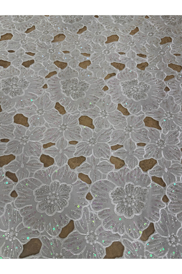 Stone Embroidered Large Flower Pattern Lace Fabric – for Evening Dresses and Wedding Dresses, 130 cm
