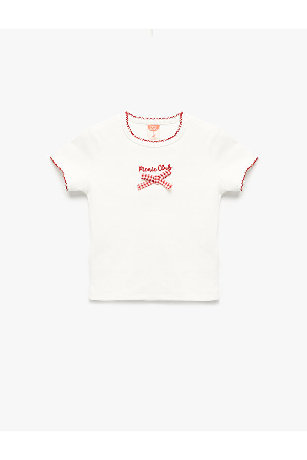 Bow Detailed Short Sleeve Crew Neck Cotton T-Shirt