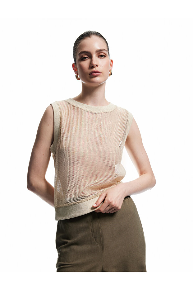 Transparent Sleeveless Crew Neck Shiny Mesh Sweater with Metallic Thread Detail