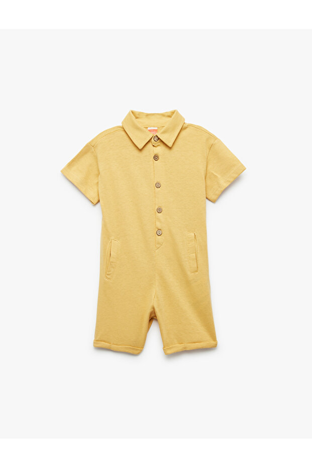 Pocket Button Detailed Cotton Polo Neck Short Shorts Jumpsuit