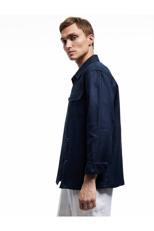 Long Sleeve Buttoned Linen Shirt Jacket with Flap Pocket Detail