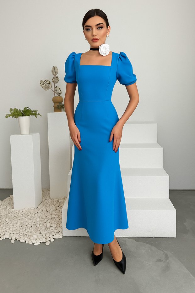 Blue Women's Square Neckline Watermelon Sleeve Zippered Crepe Fabric Dress