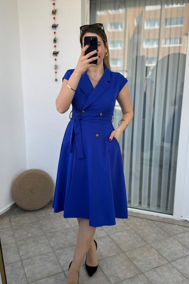 Jacket Collar Dress Cobalt Blue Sleeveless Dress with Belt