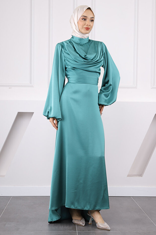 Green Balloon Sleeve Satin Evening Dress