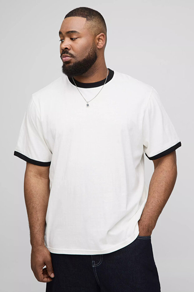 White Battal Crew Neck Oversize Collar Piping Plus Size T-Shirt