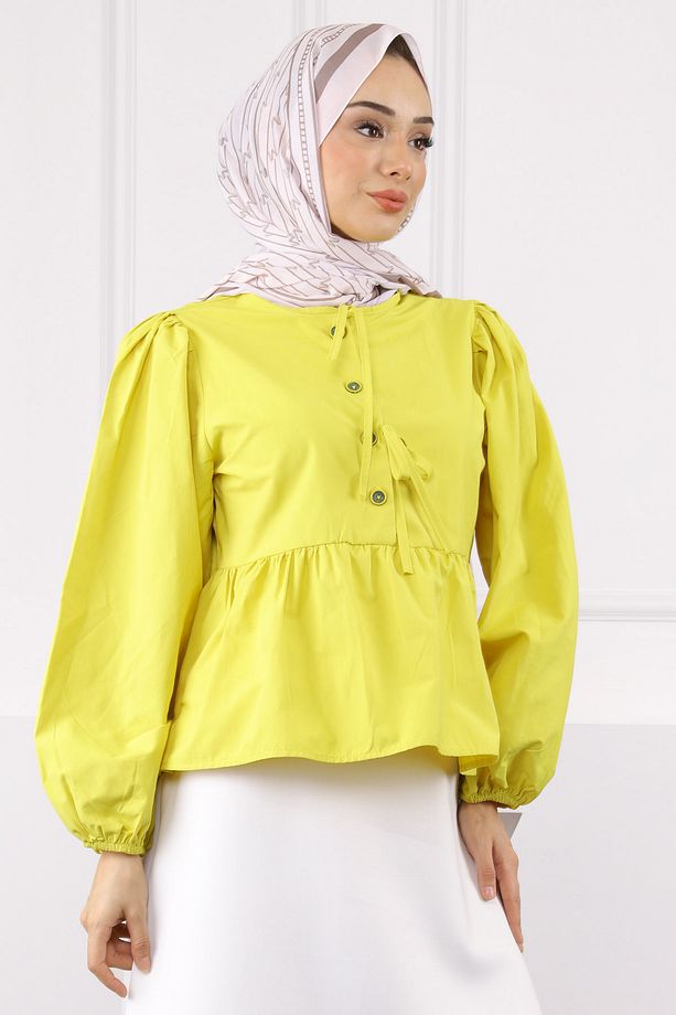 Sarı Kol Lastikli Poplin Gömlek - 3