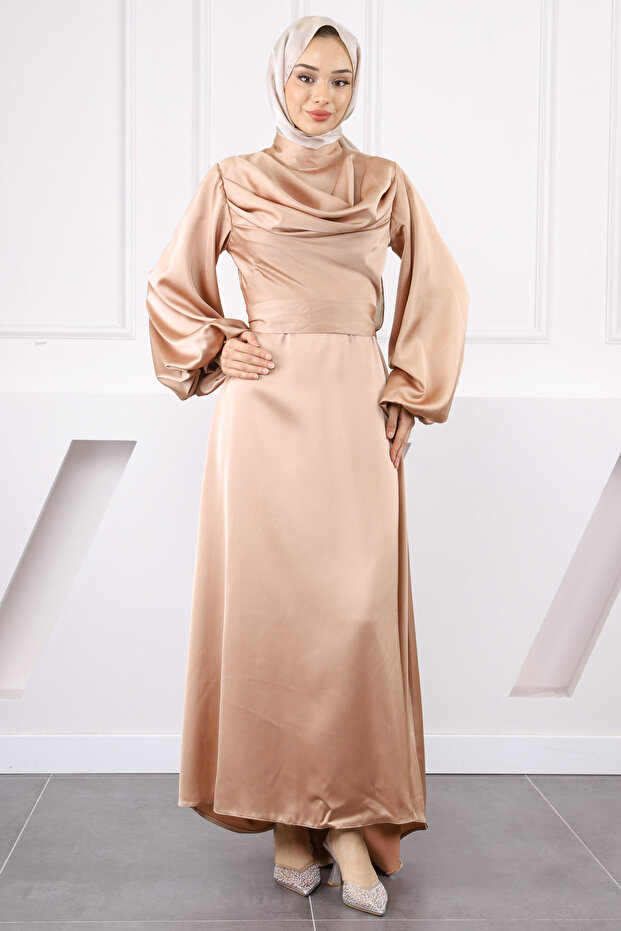 Mink Balloon Sleeve Satin Evening Dress